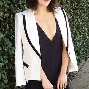 Rachel Zoe Foster Blazer Tuxedo Wool White and Black Leather Collar 6